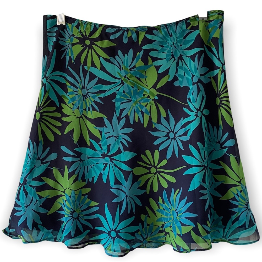 Express Womens Skater Skirt Floral Print Blue Green Lined Elastic Waist Medium
